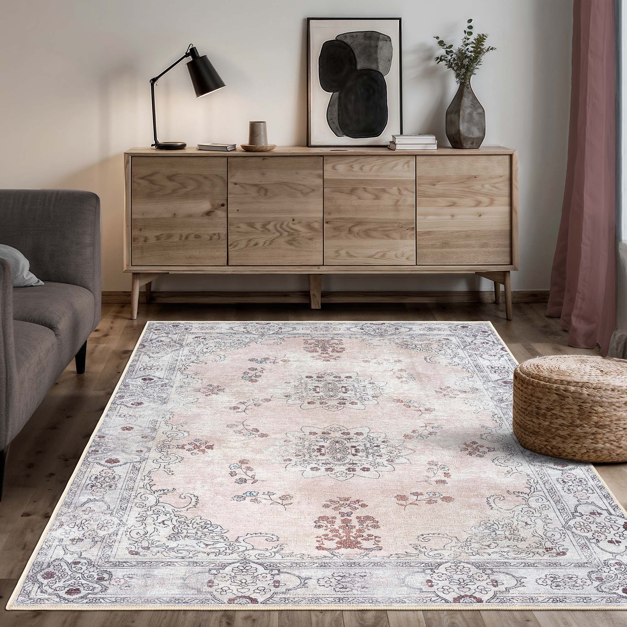 Lite Pink Oushak Area Washable Rug - Gionara