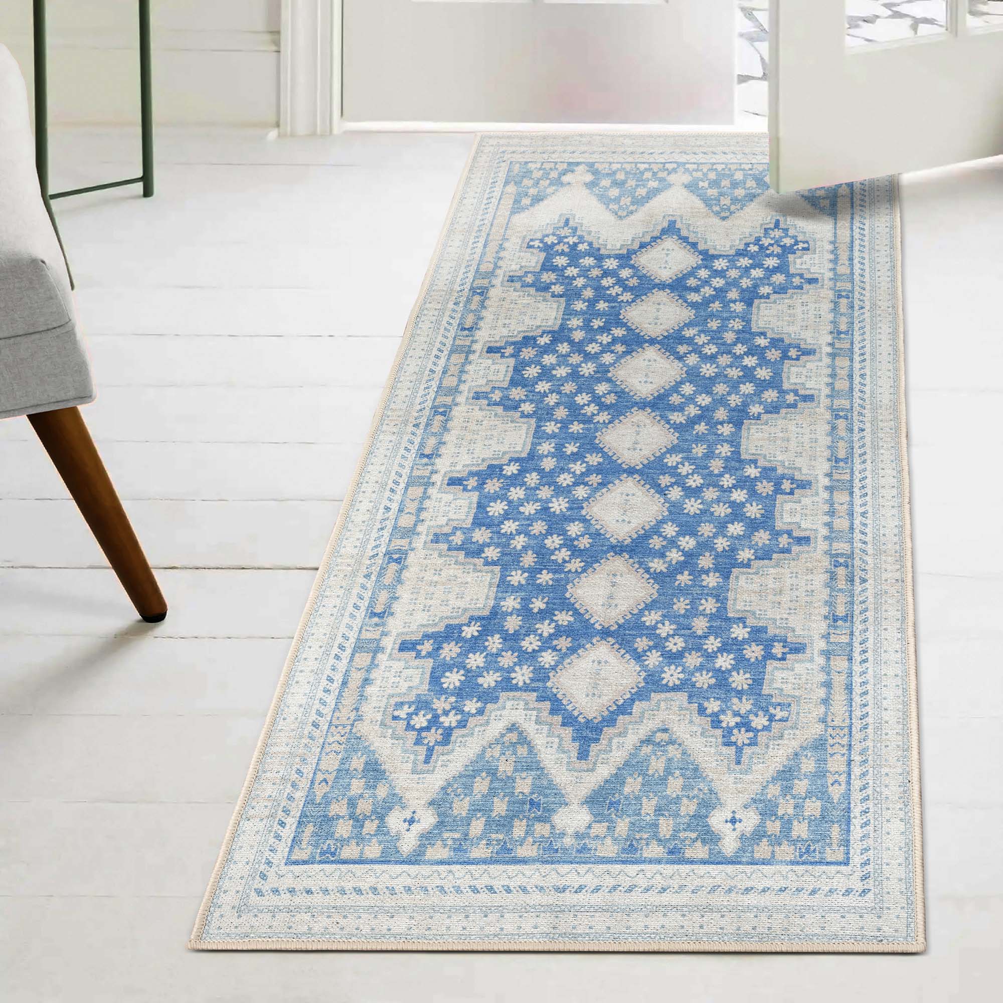 Beige Blue Boho Oushak Washable Rug - Gionara