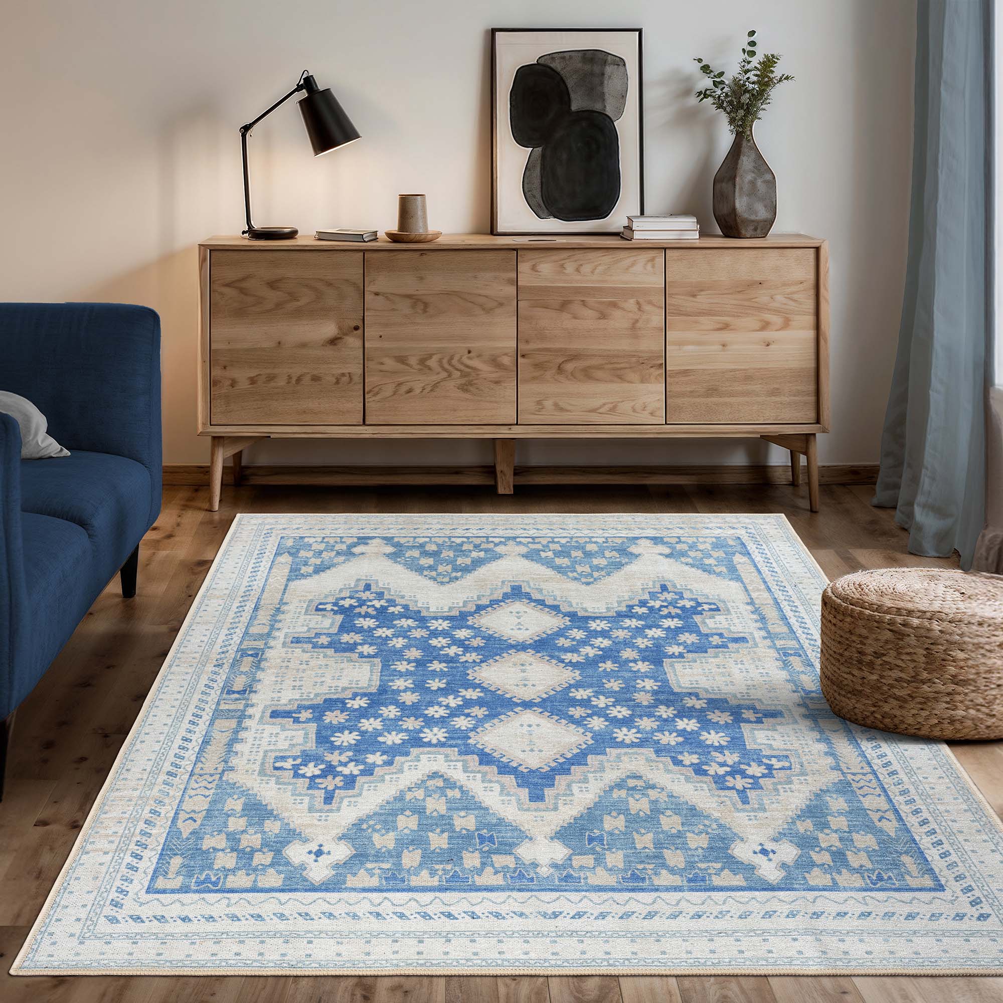Beige Blue Boho Oushak Washable Rug - Gionara