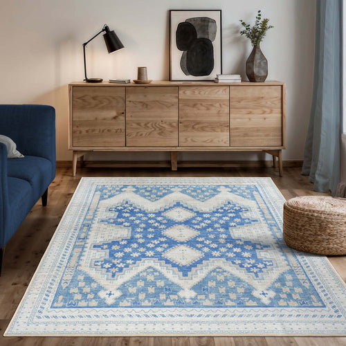 Beige Blue Boho Oushak Washable Rug - Gionara