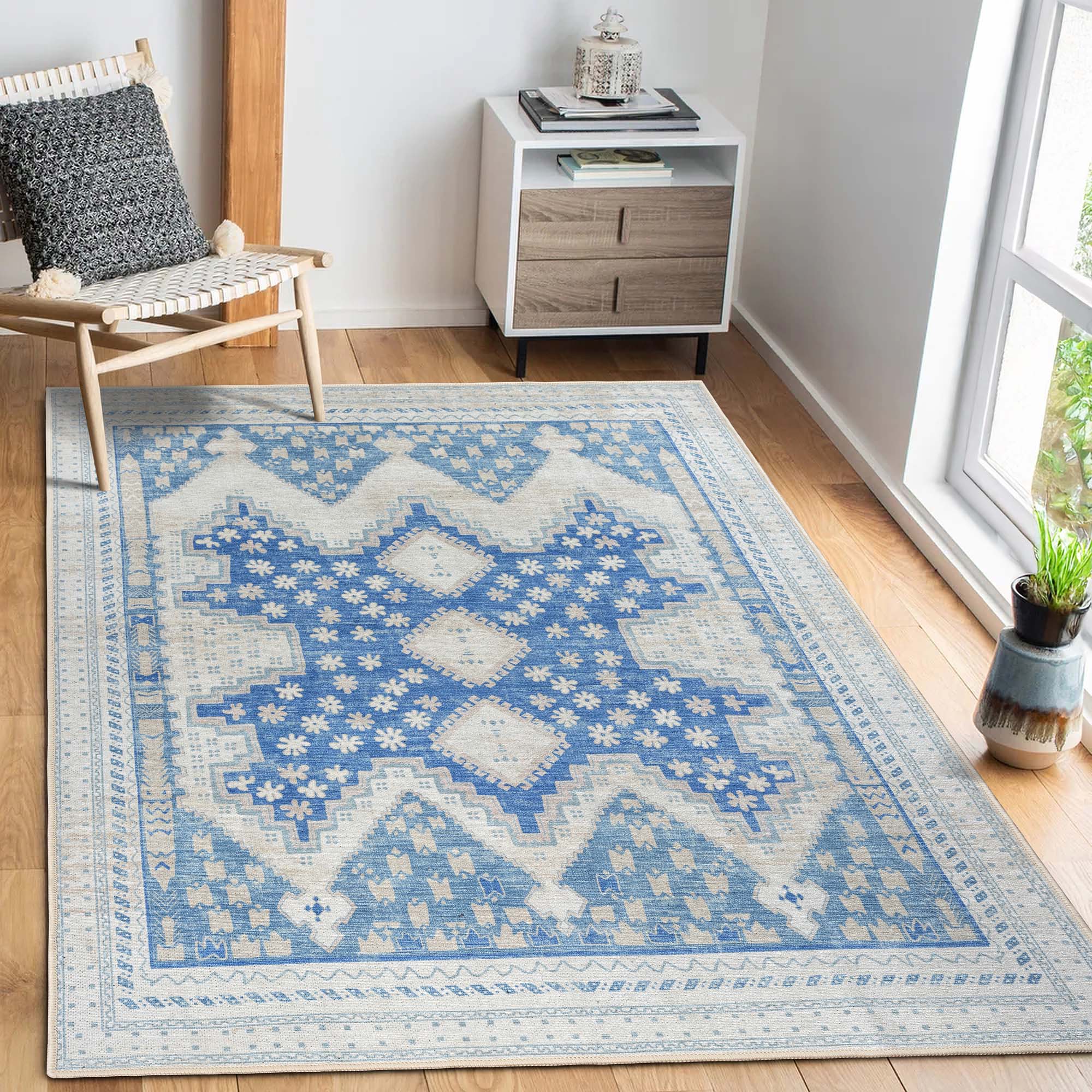 Beige Blue Boho Oushak Washable Rug - Gionara
