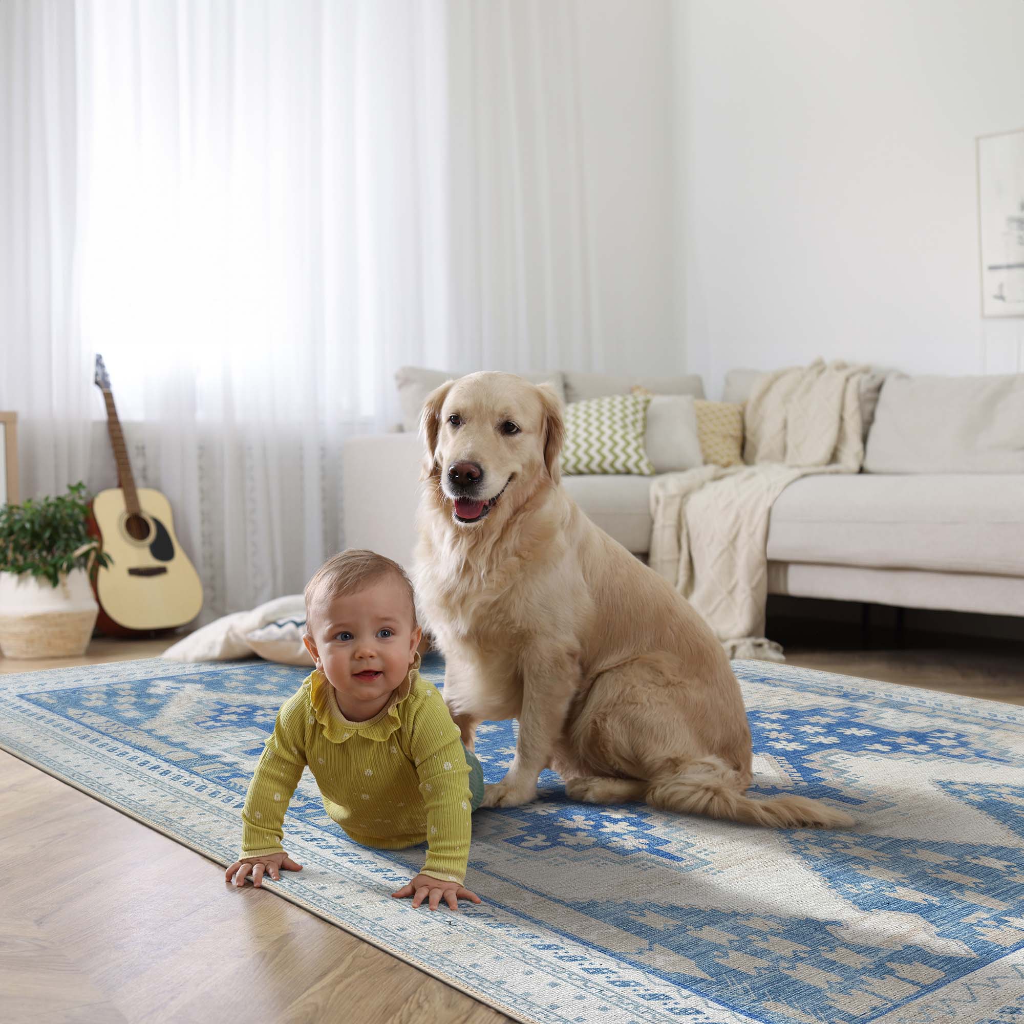 Beige Blue Boho Oushak Washable Rug - Gionara