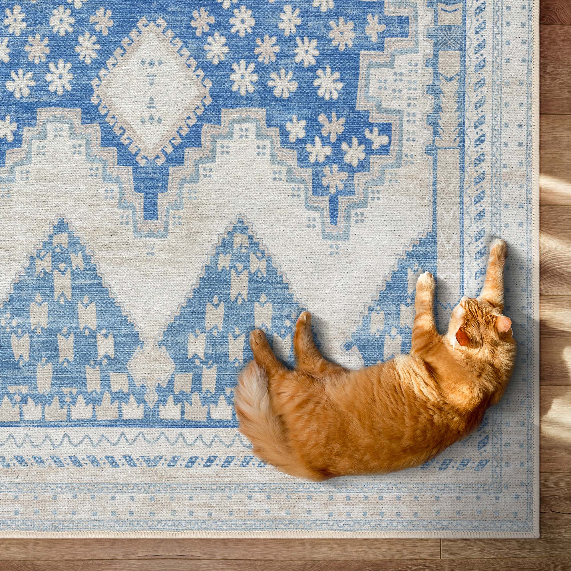 Beige Blue Boho Oushak Washable Rug - Gionara