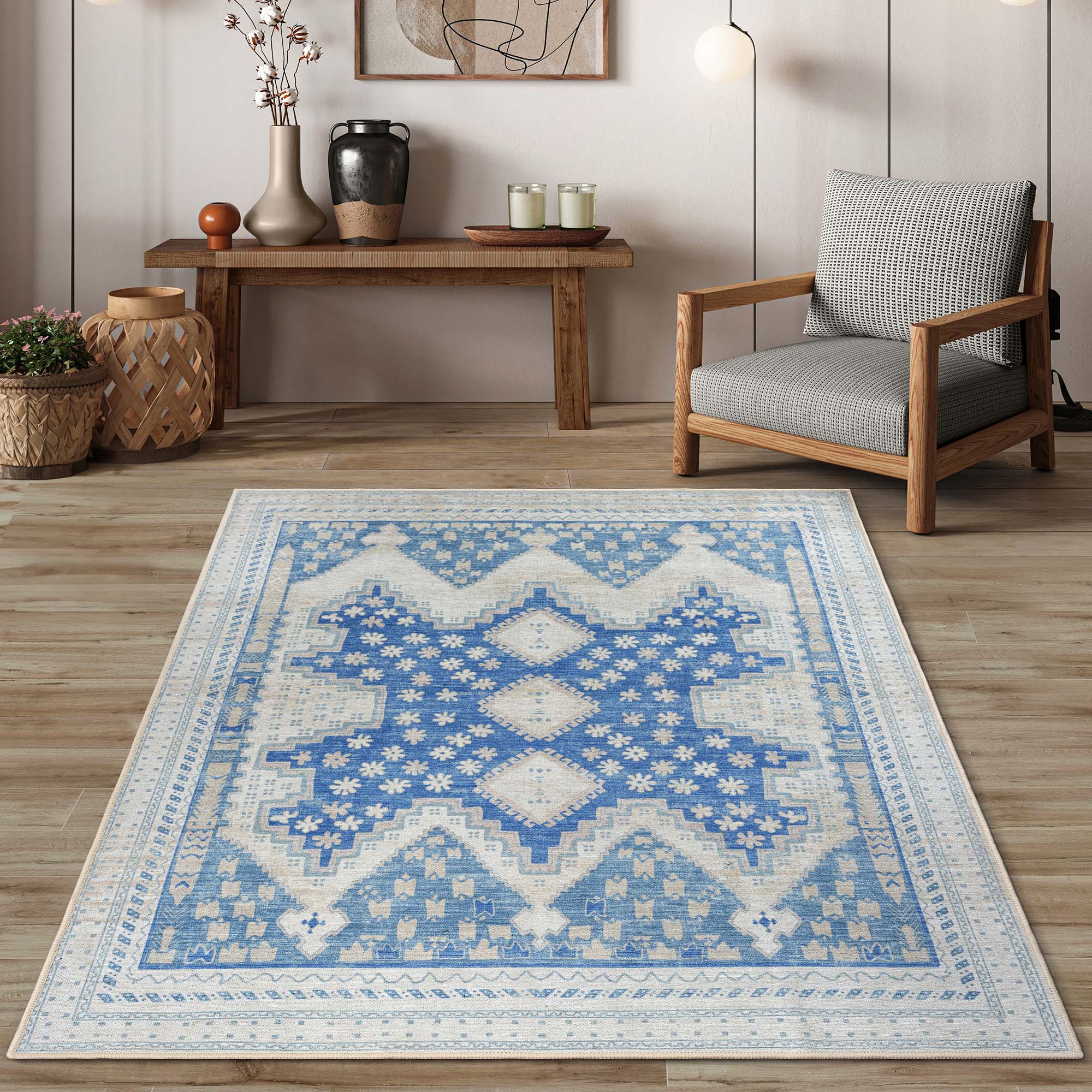Beige Blue Boho Oushak Washable Rug - Gionara