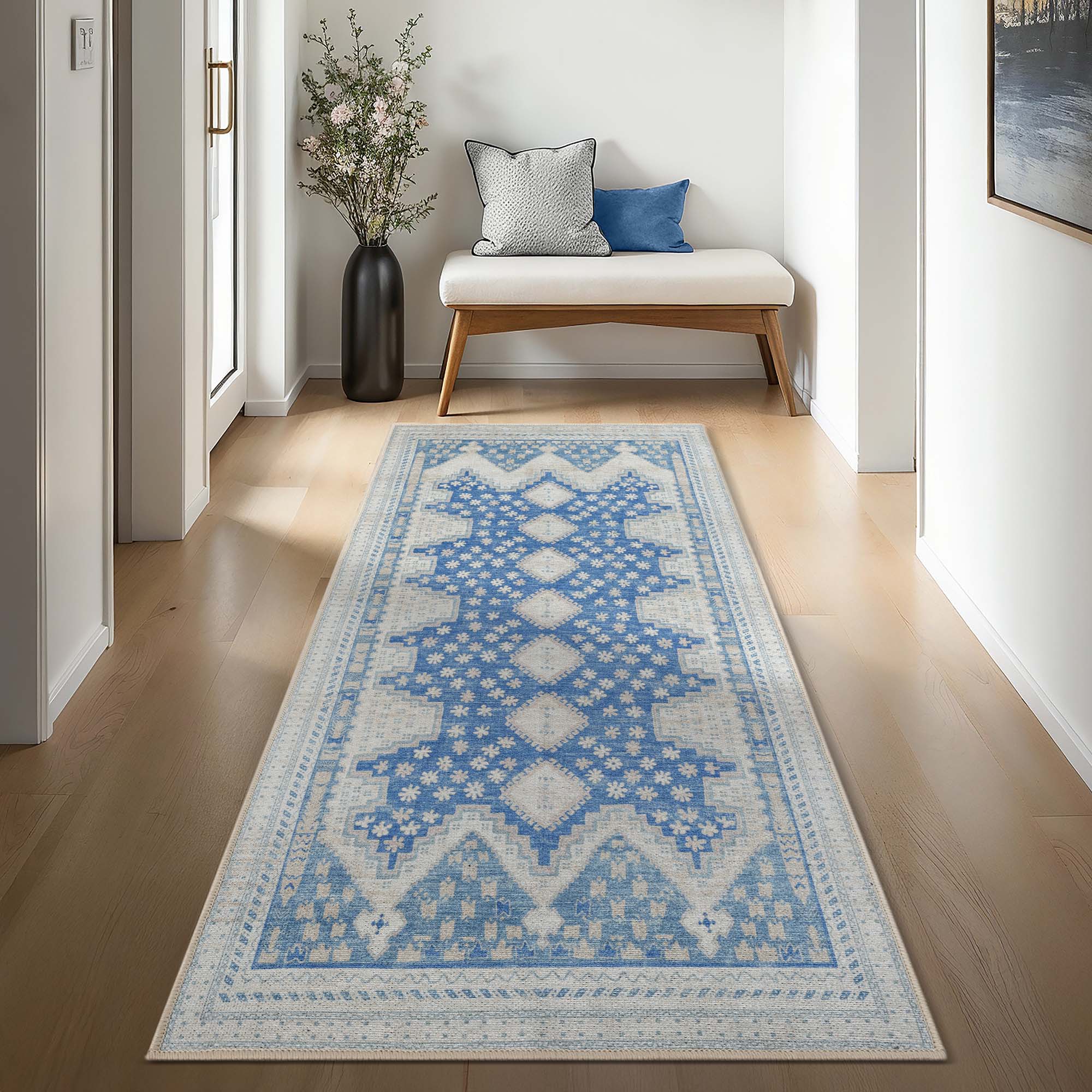Beige Blue Boho Oushak Washable Rug - Gionara