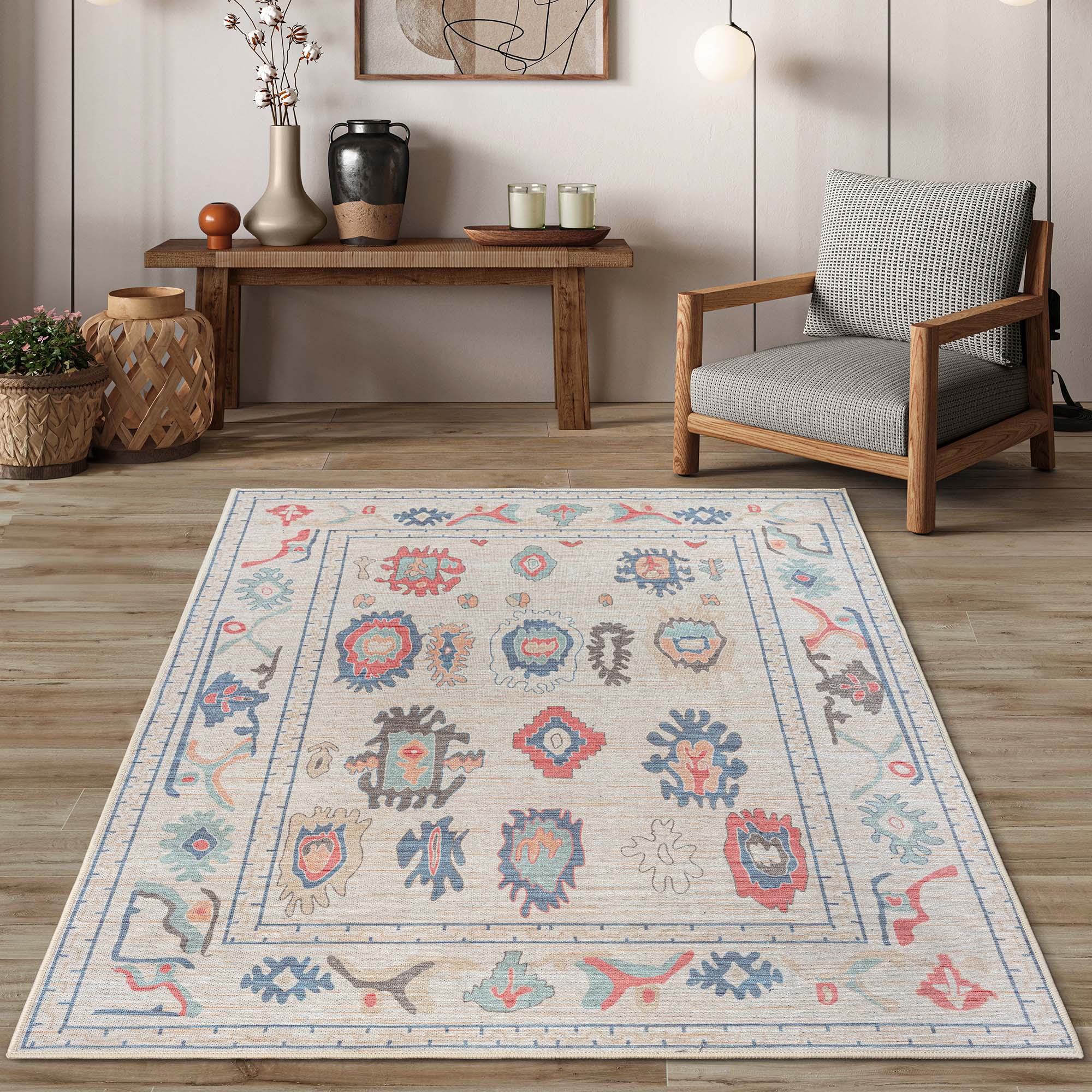 Beige Oushak Area Washable Rug - Gionara