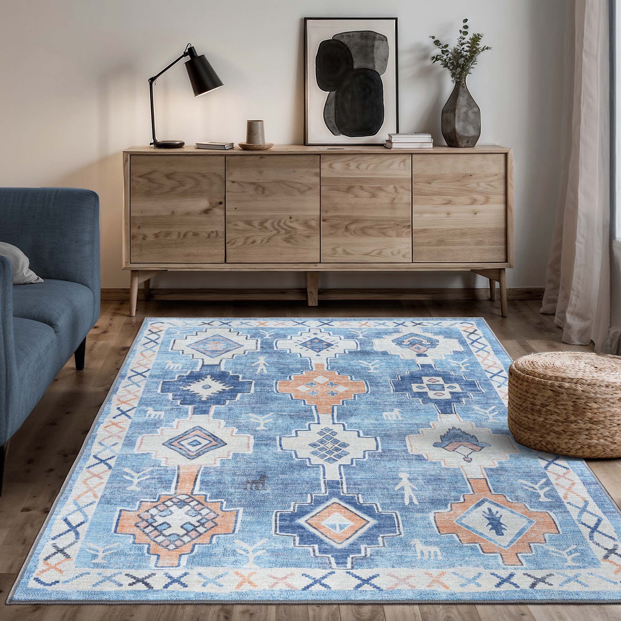 Blue Boho Oushak Washable Rug - Gionara