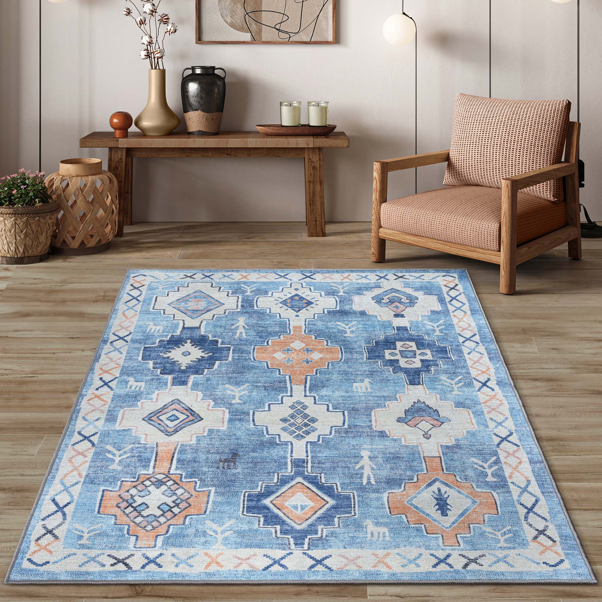 Blue Boho Oushak Washable Rug - Gionara