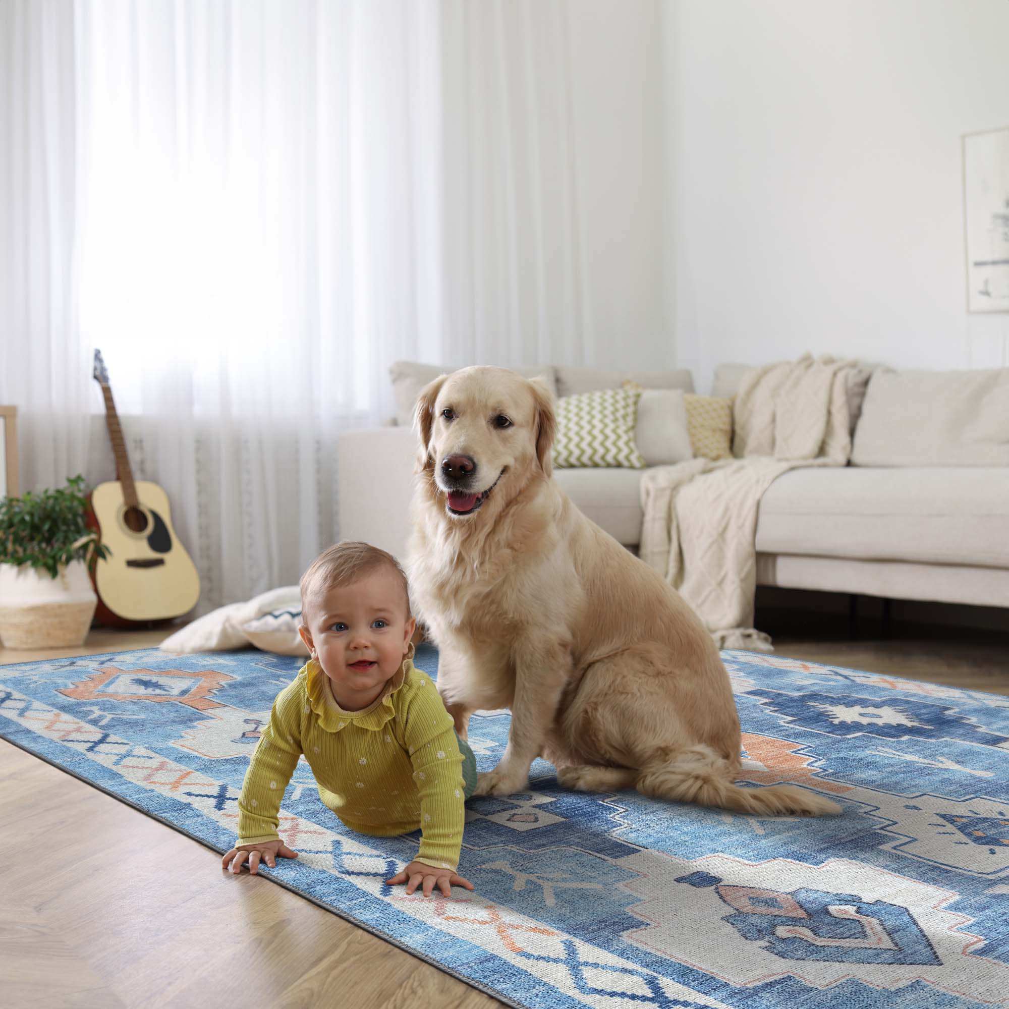 Blue Boho Oushak Washable Rug - Gionara