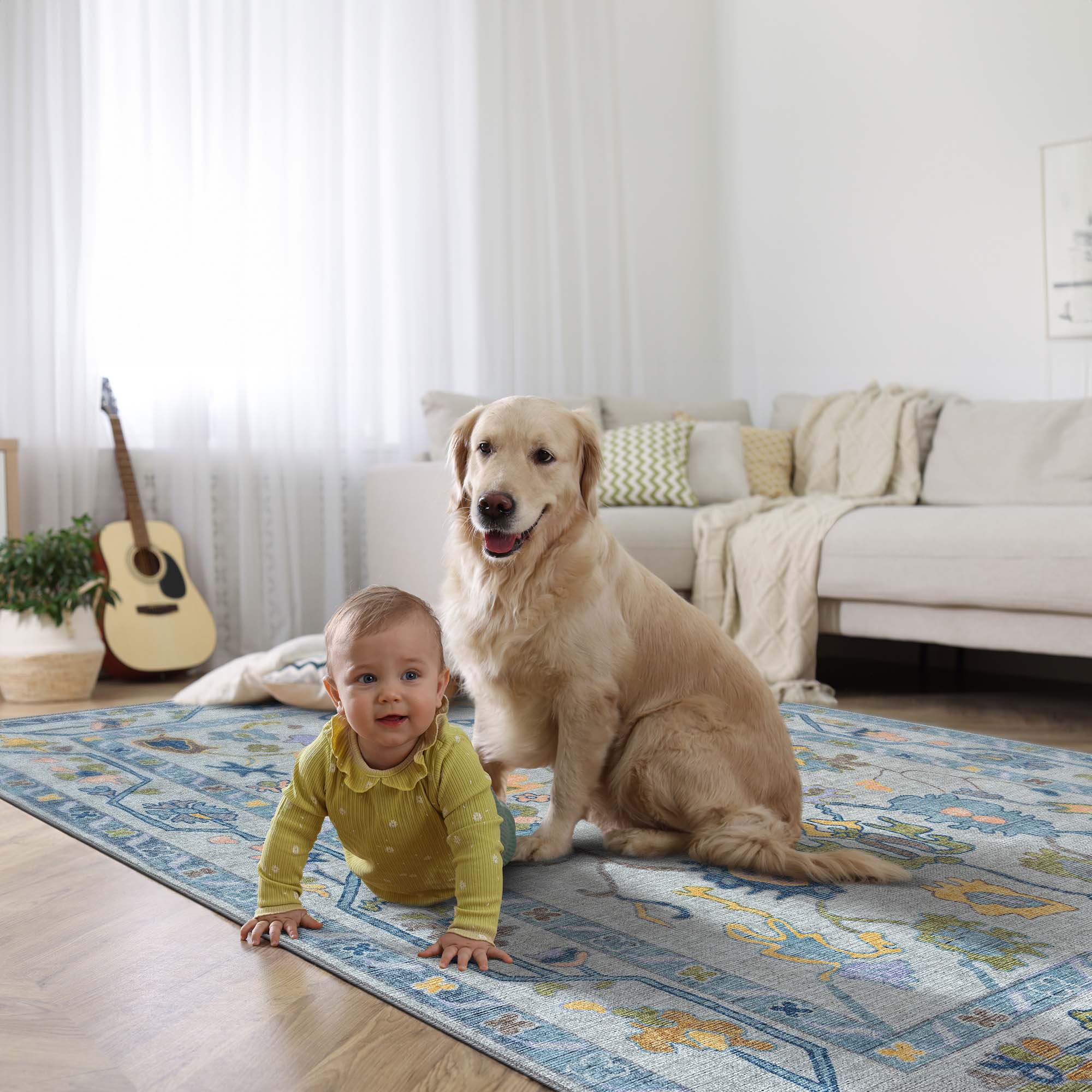 Blue Oushak Vintage Washable Rug - Gionara