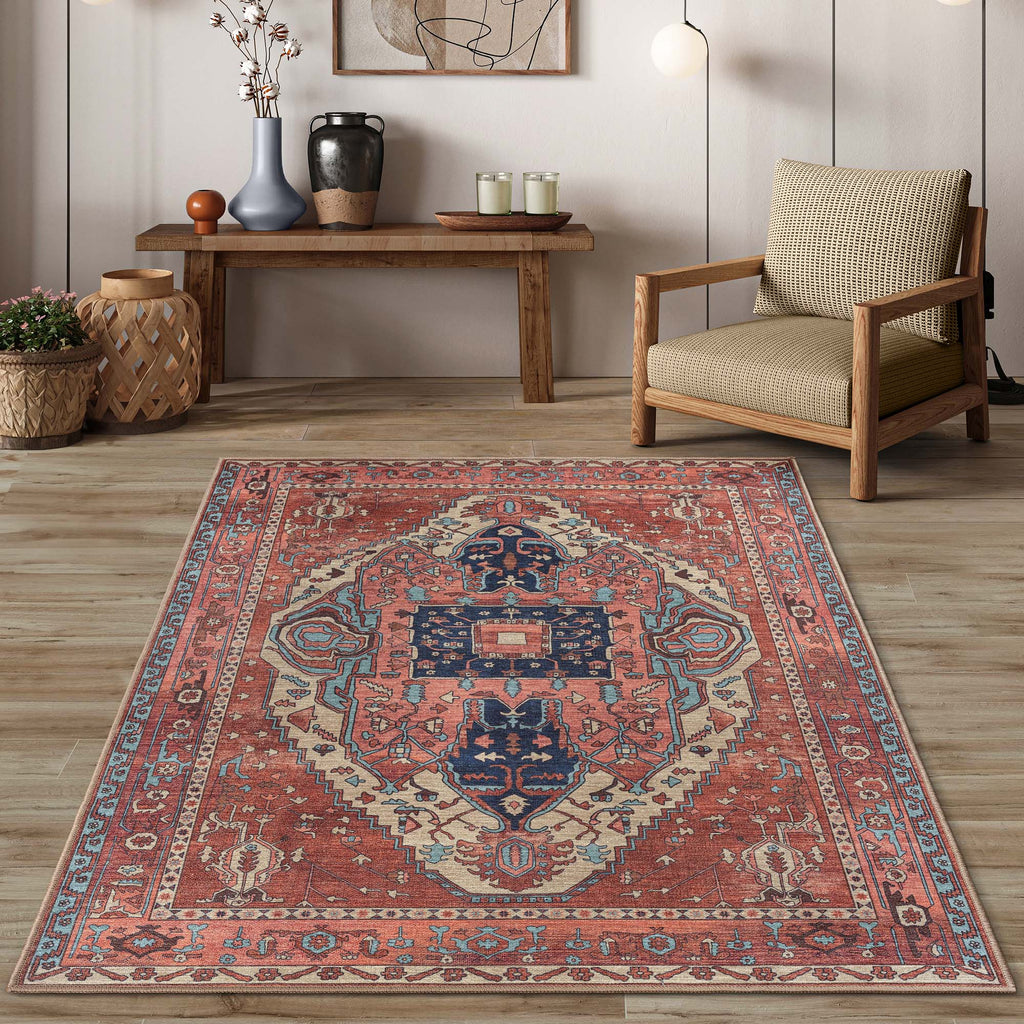 Brick Color Oushak Area Washable Rug - Gionara
