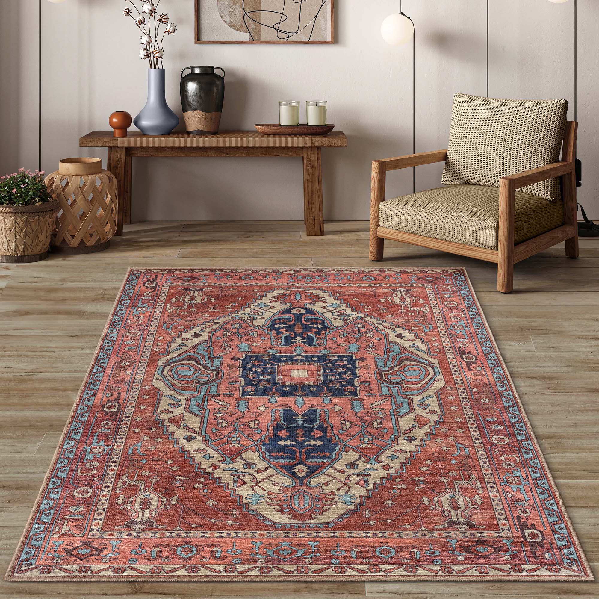 Brick Color Oushak Area Washable Rug - Gionara