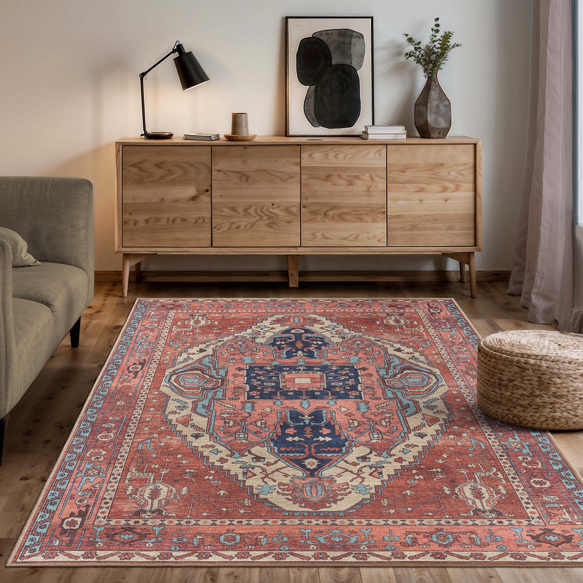 Brick Color Oushak Area Washable Rug - Gionara