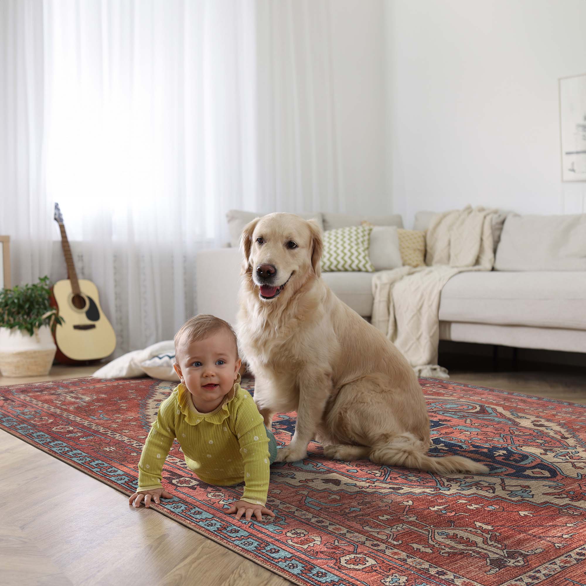 Brick Color Oushak Area Washable Rug - Gionara