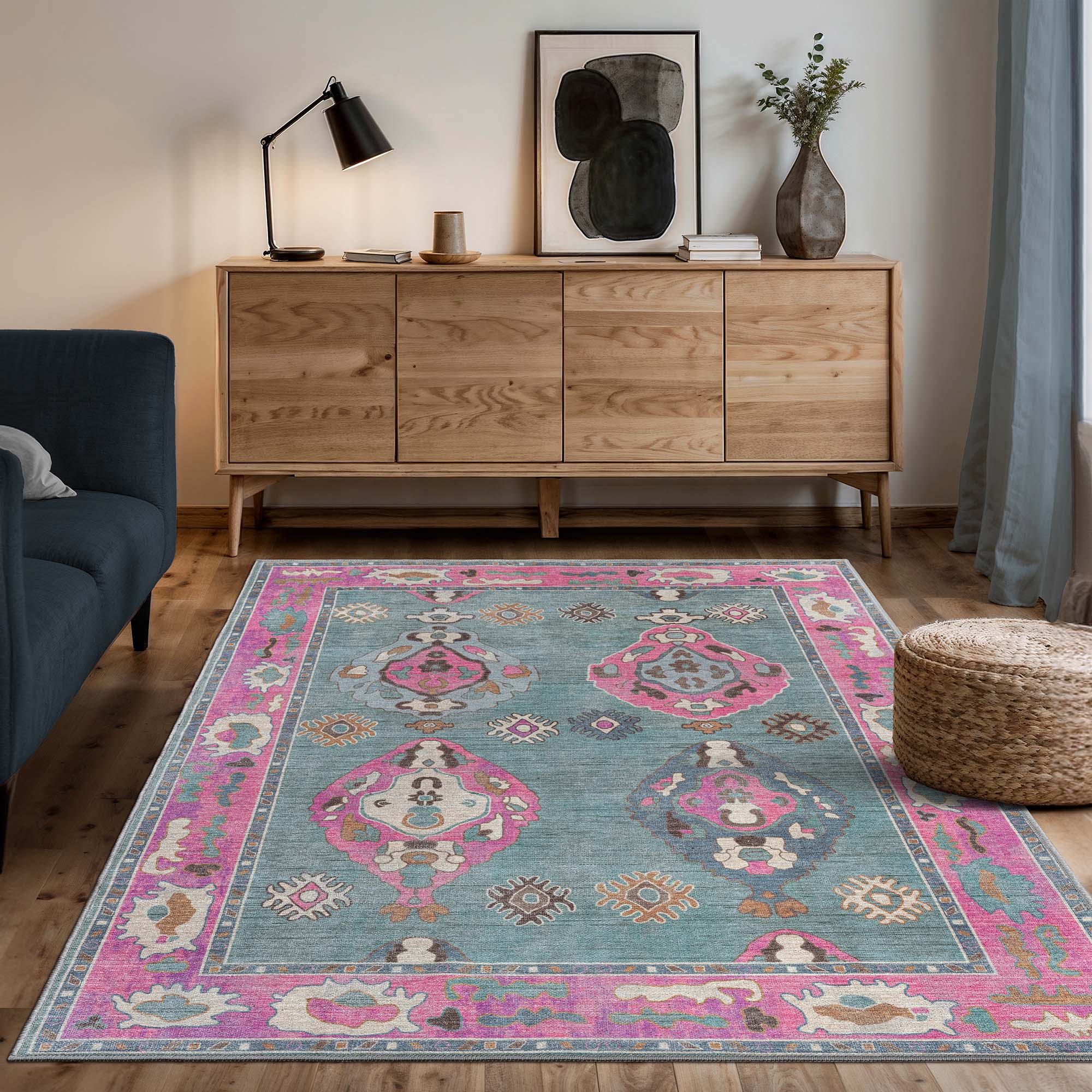 Green Pink Oushak Washable Rug - Gionara