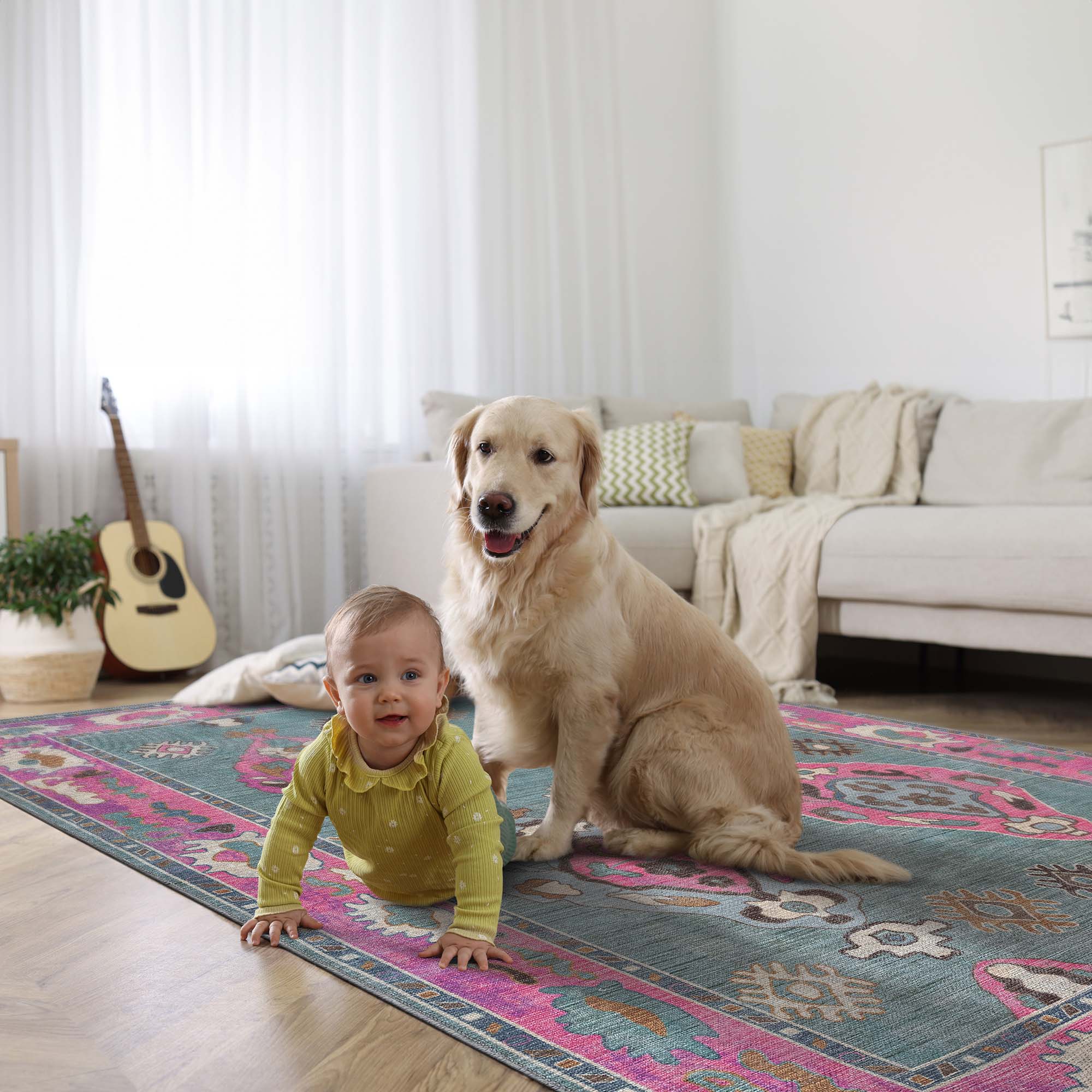 Green Pink Oushak Washable Rug - Gionara