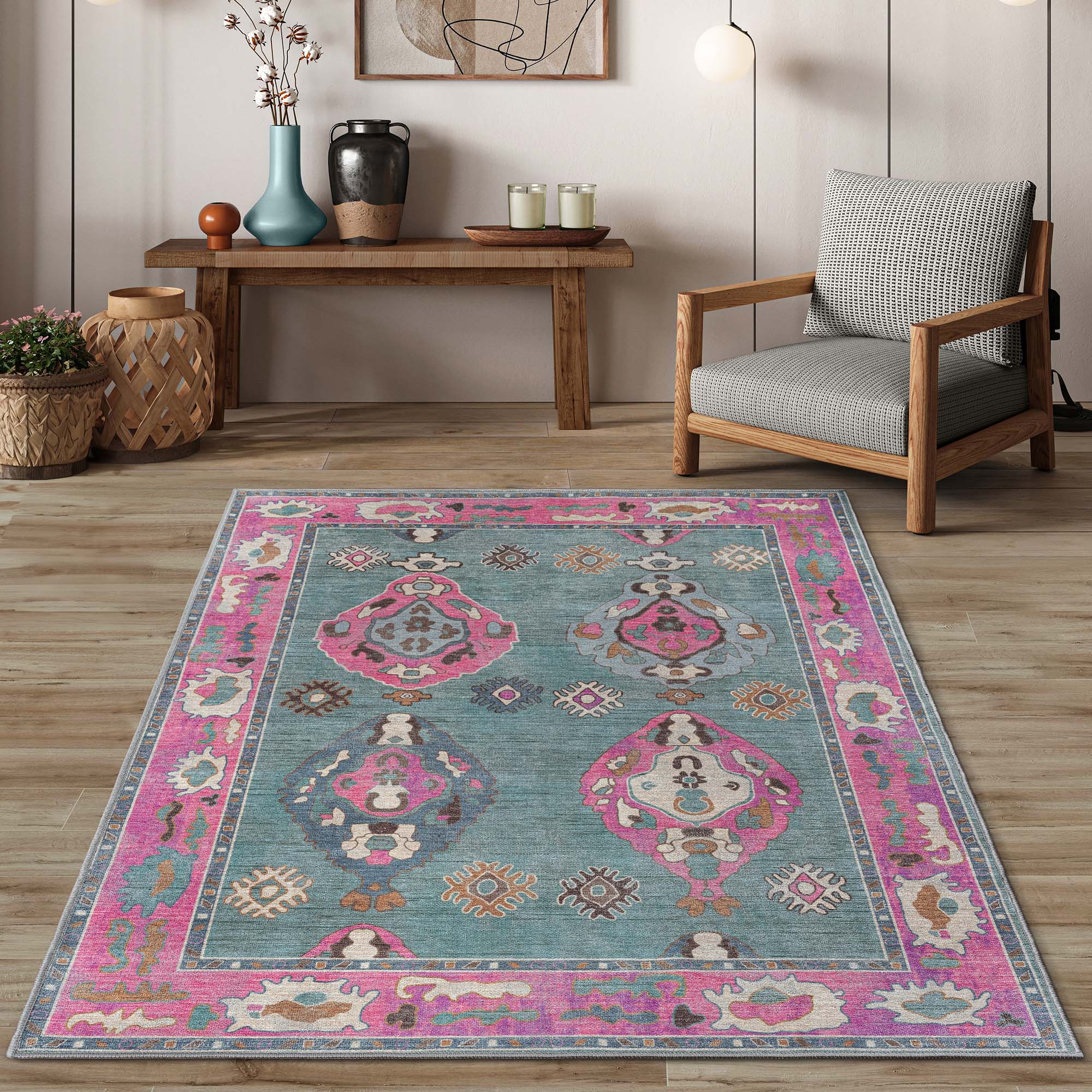 Green Pink Oushak Washable Rug - Gionara