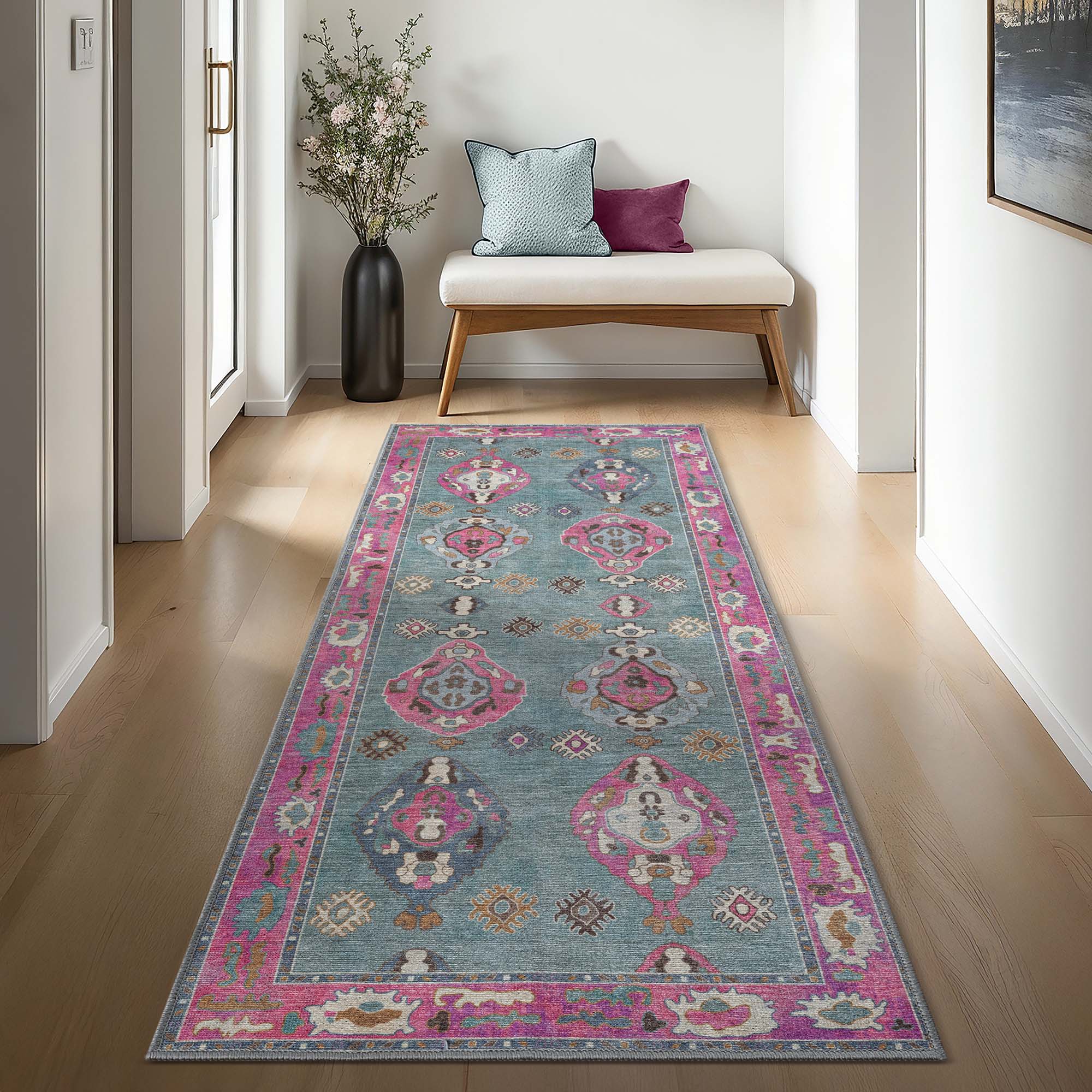 Green Pink Oushak Washable Rug - Gionara