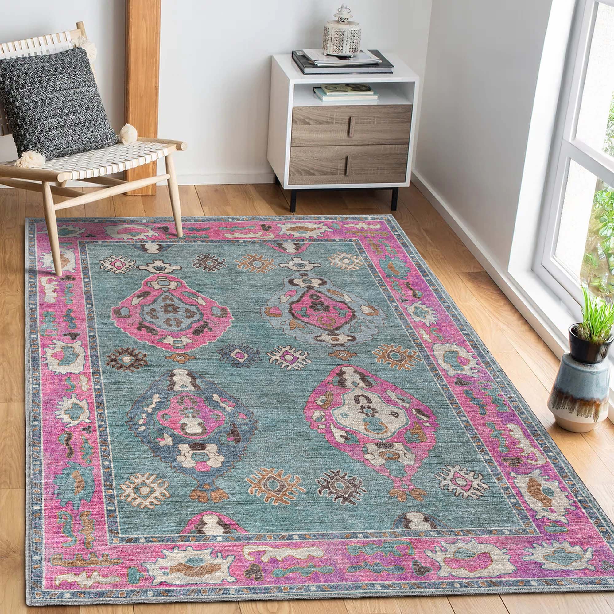 Green Pink Oushak Washable Rug - Gionara