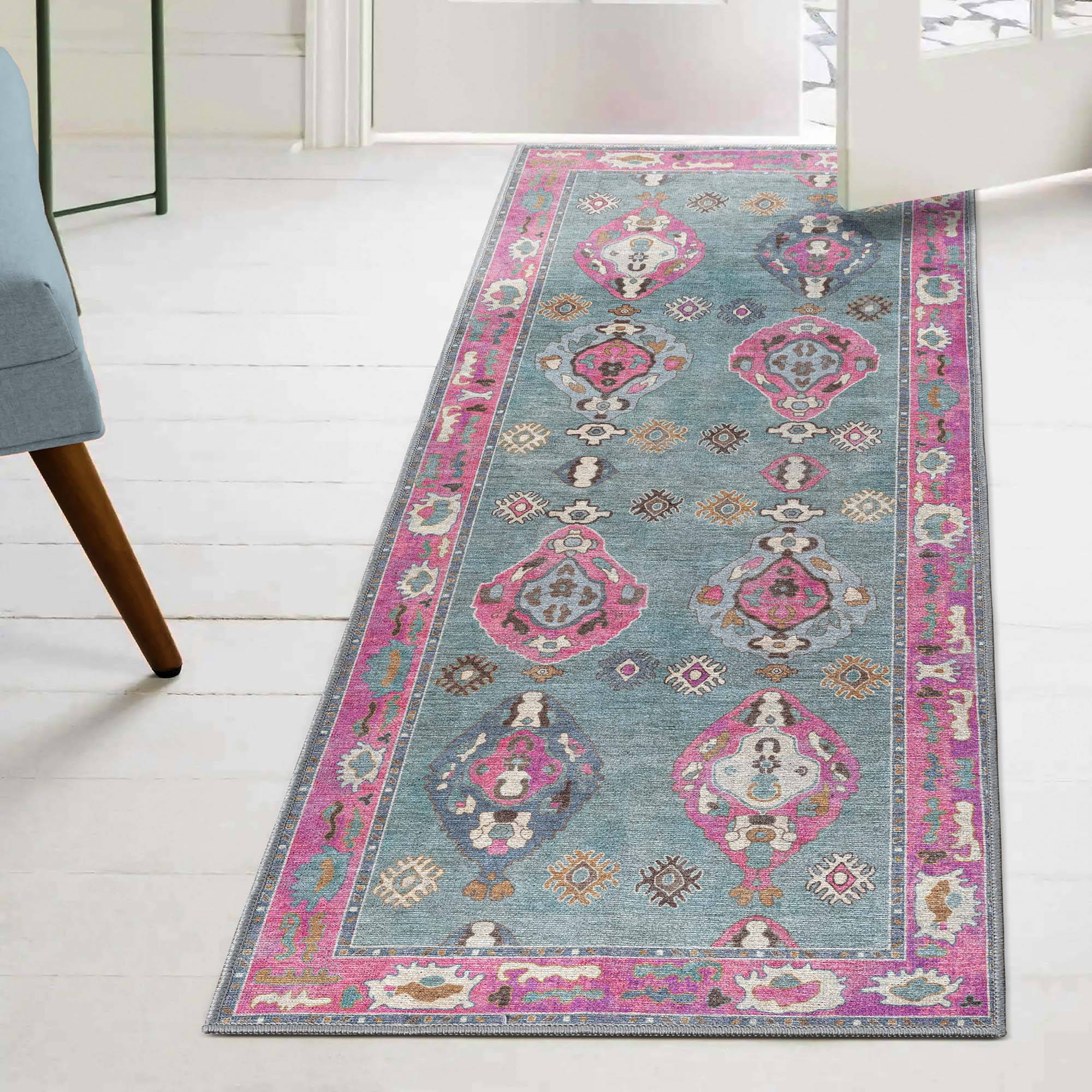 Green Pink Oushak Washable Rug - Gionara