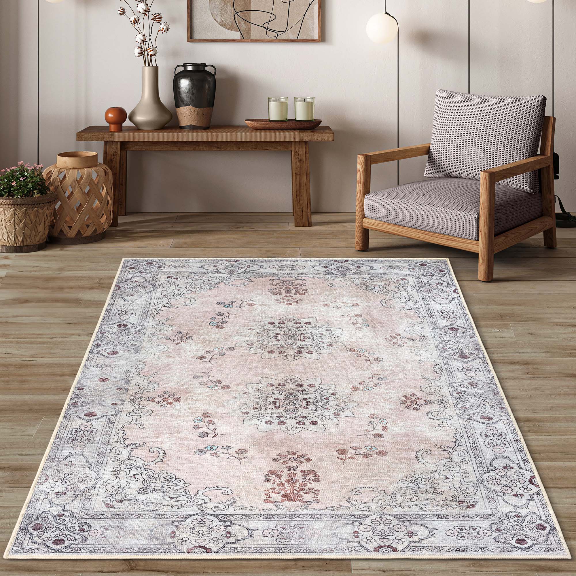 Lite Pink Oushak Area Washable Rug - Gionara