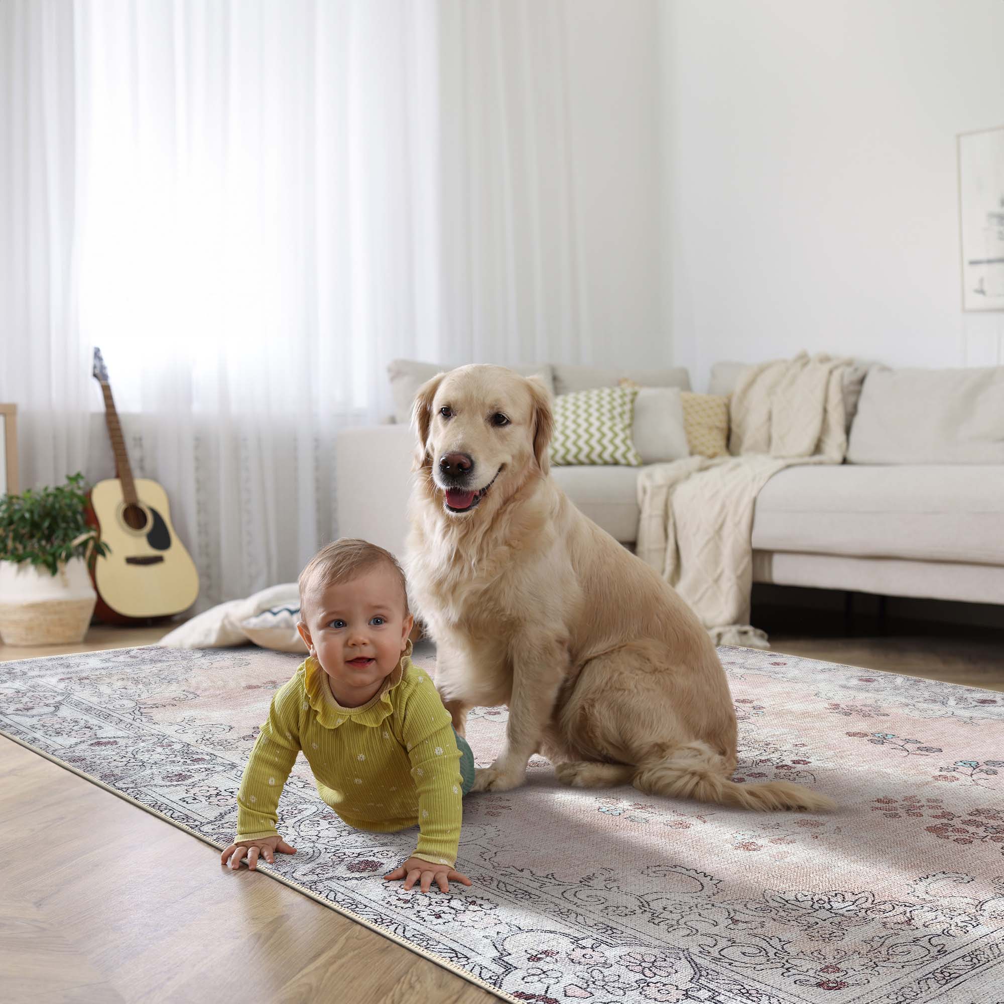 Lite Pink Oushak Area Washable Rug - Gionara