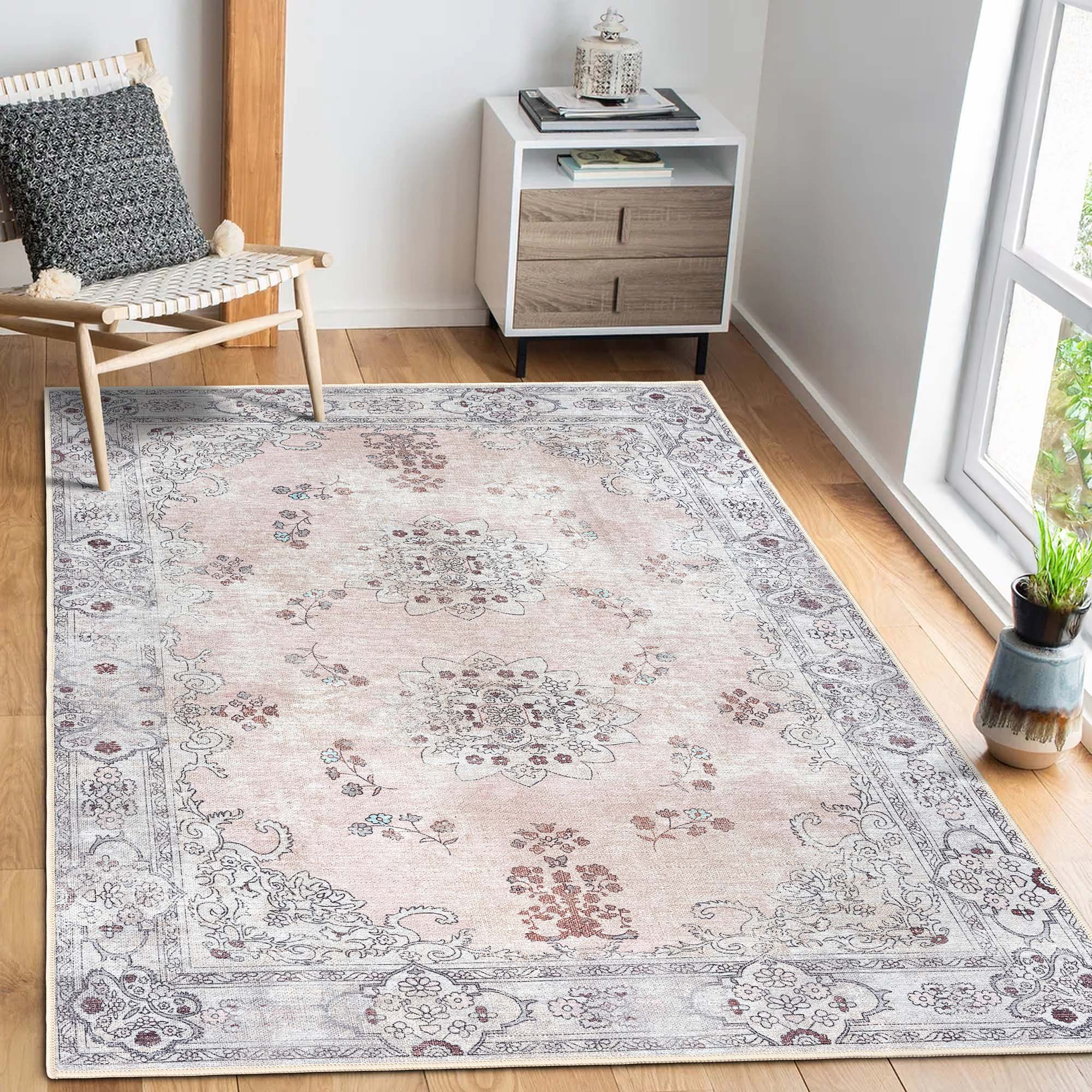 Lite Pink Oushak Area Washable Rug - Gionara