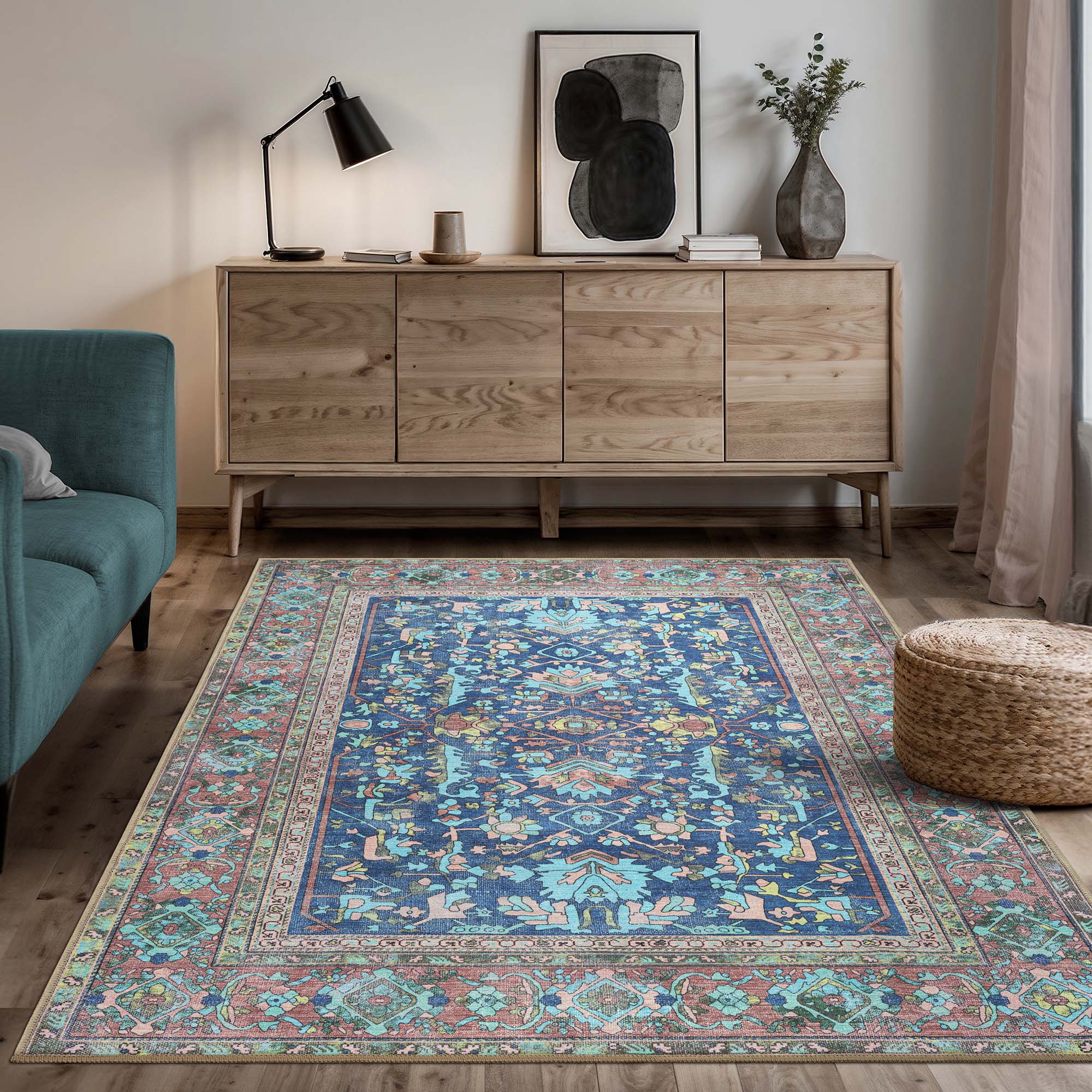 Navy Blue Boho Oushak Washable Rug - Gionara