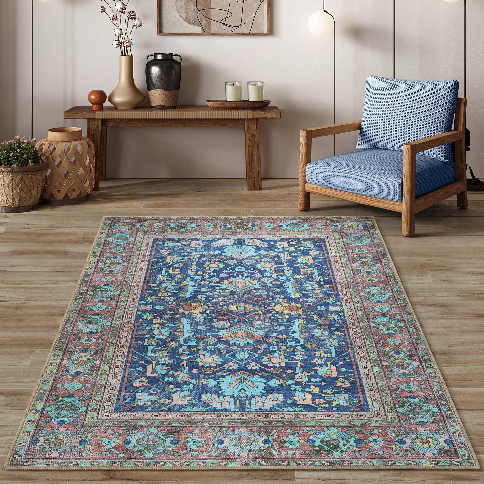 Navy Blue Boho Oushak Washable Rug - Gionara