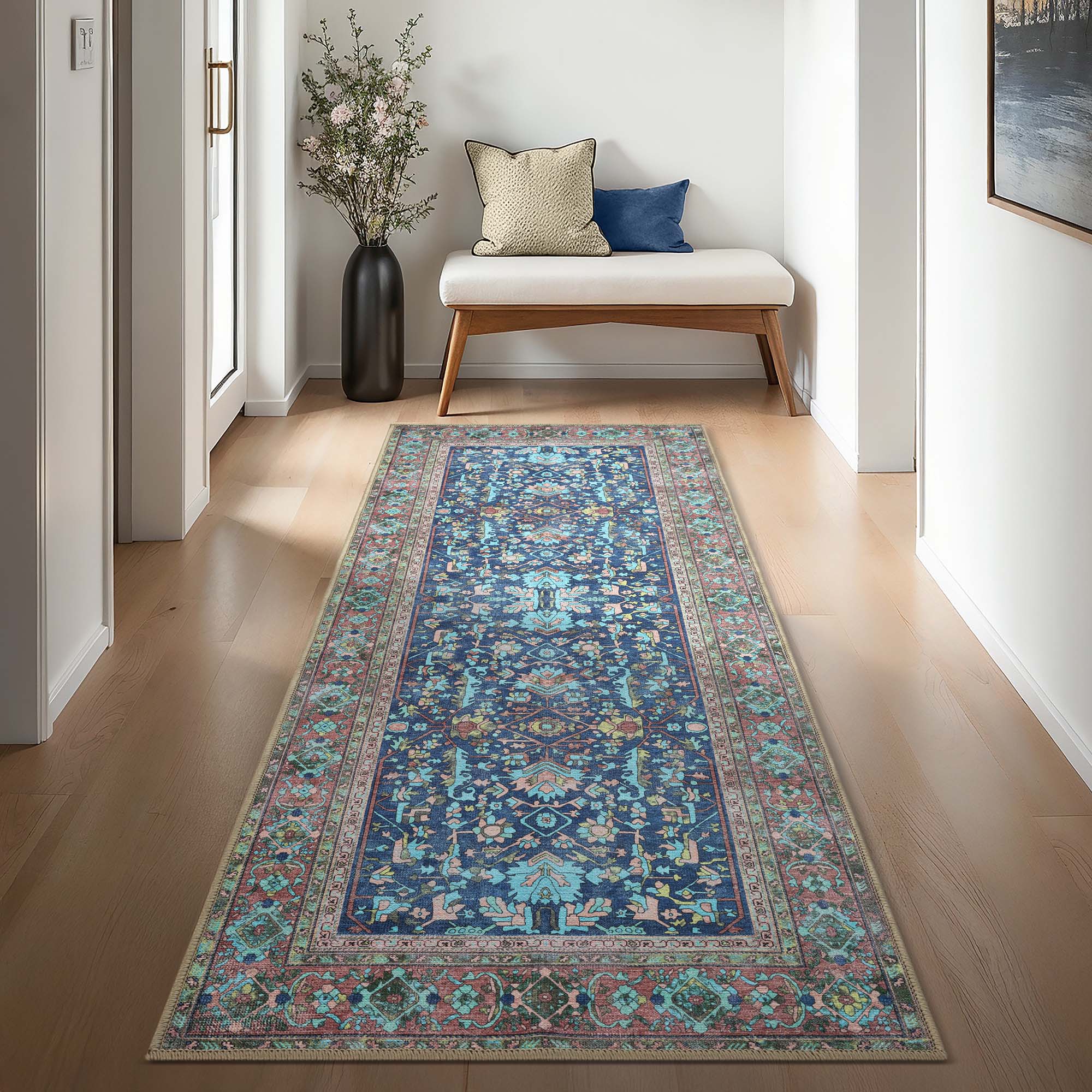 Navy Blue Boho Oushak Washable Rug - Gionara