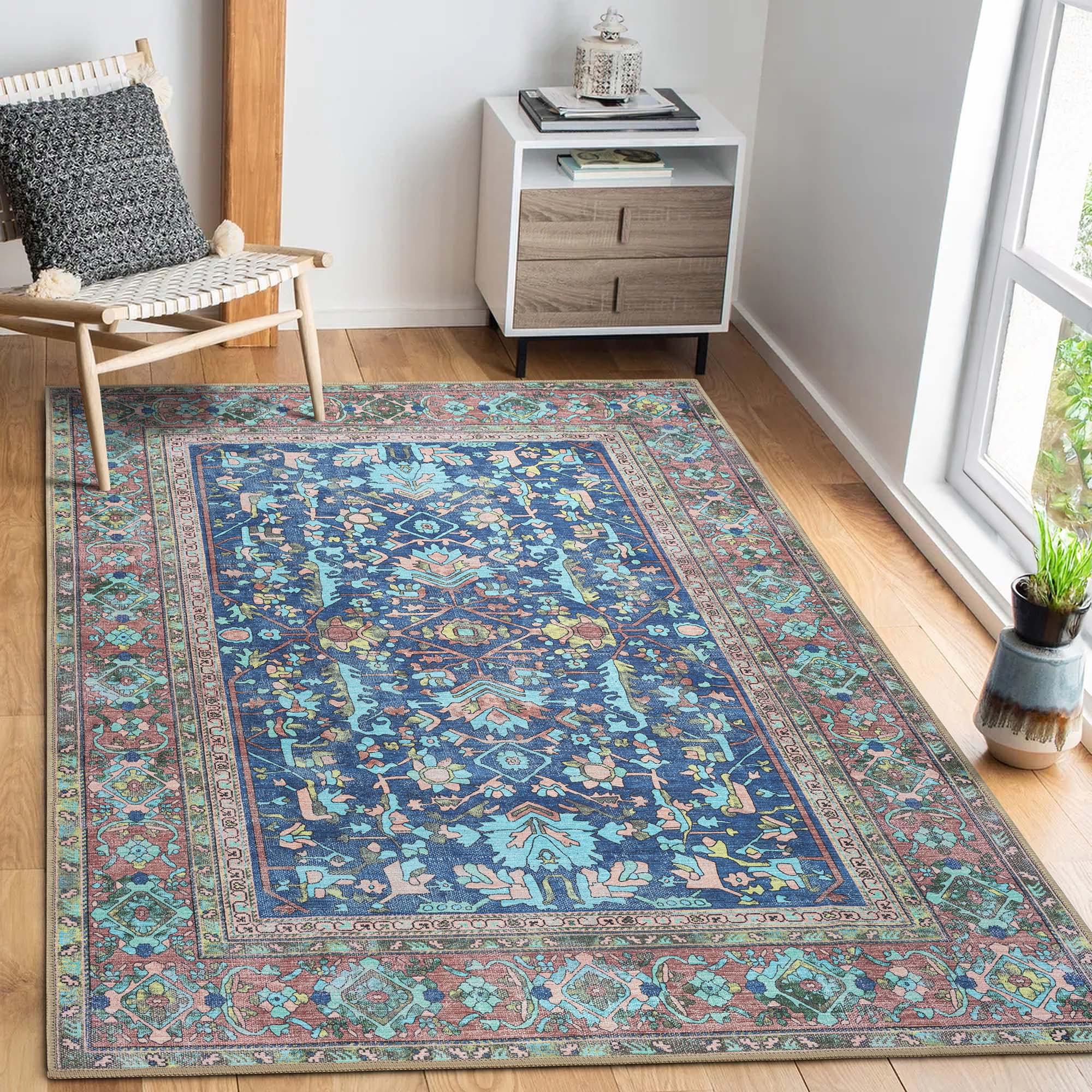 Navy Blue Boho Oushak Washable Rug - Gionara