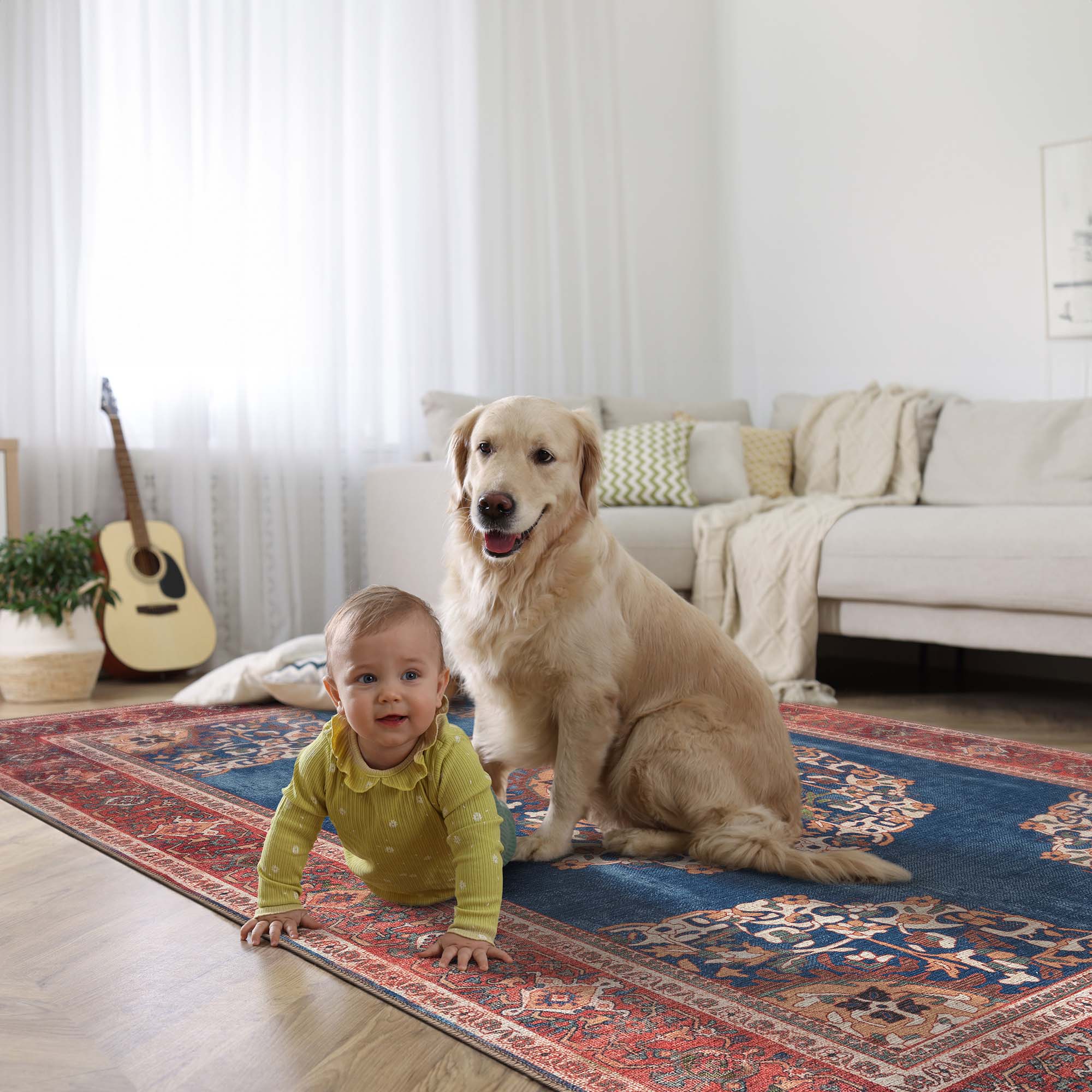 Navy Blue Brick Oushak Area Washable Rug - Gionara