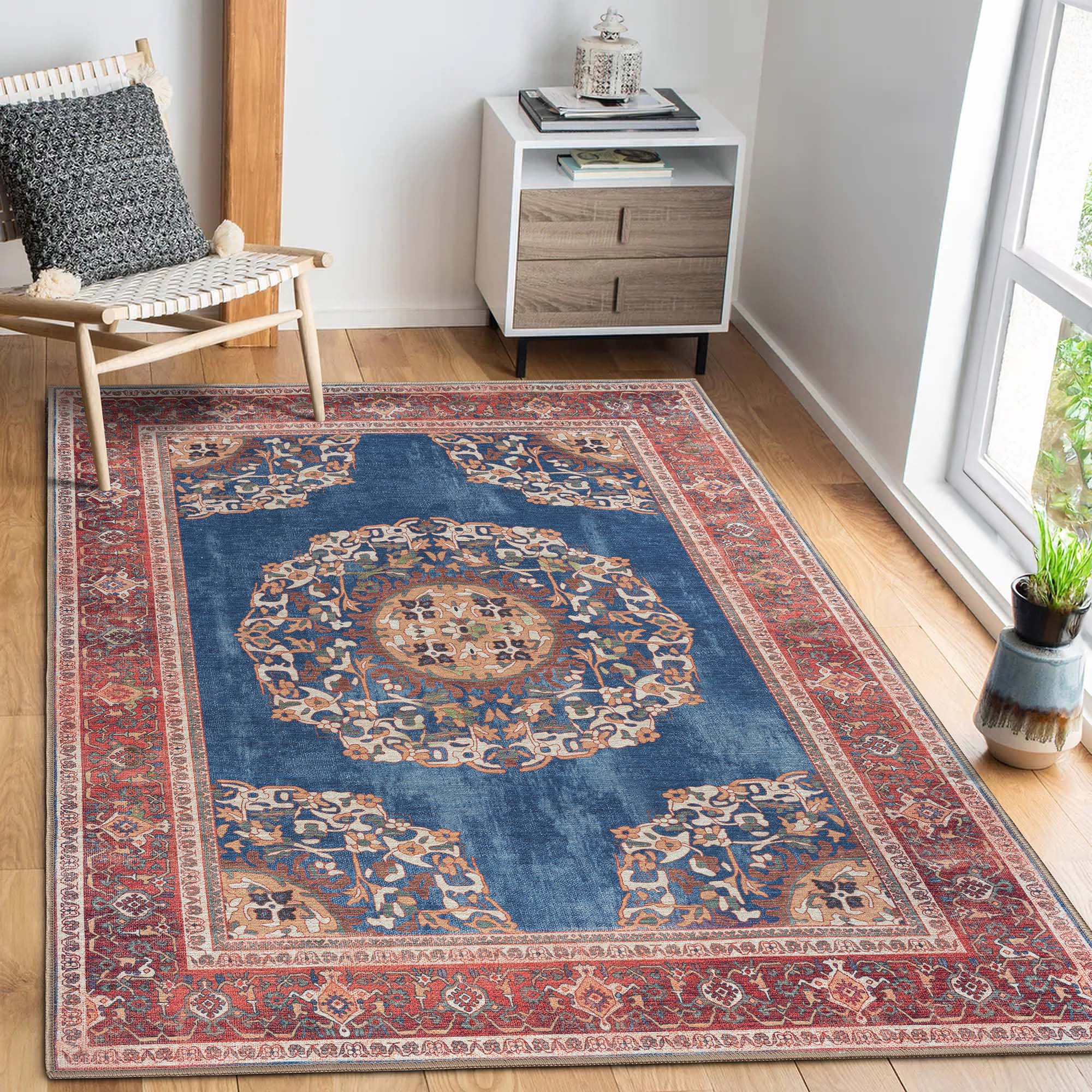 Navy Blue Brick Oushak Area Washable Rug - Gionara
