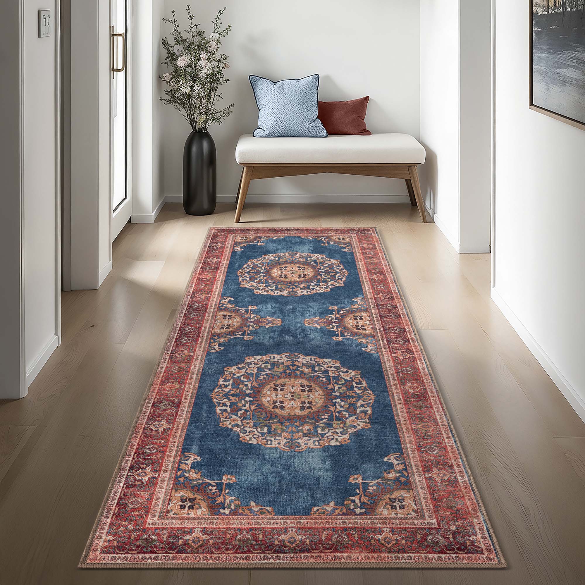 Navy Blue Brick Oushak Area Washable Rug - Gionara