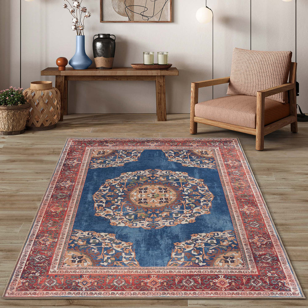 Navy Blue Brick Oushak Area Washable Rug - Gionara