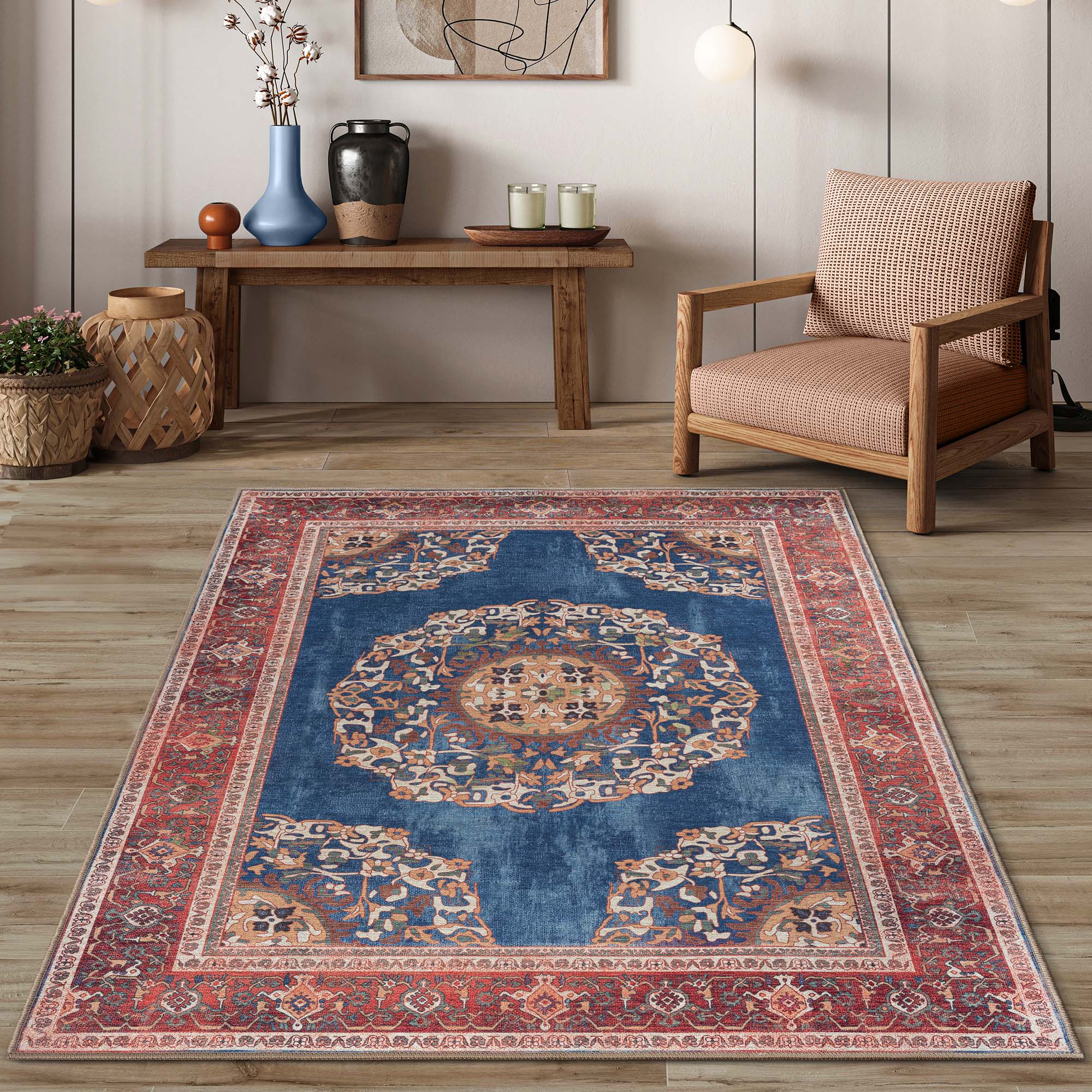 Navy Blue Brick Oushak Area Washable Rug - Gionara
