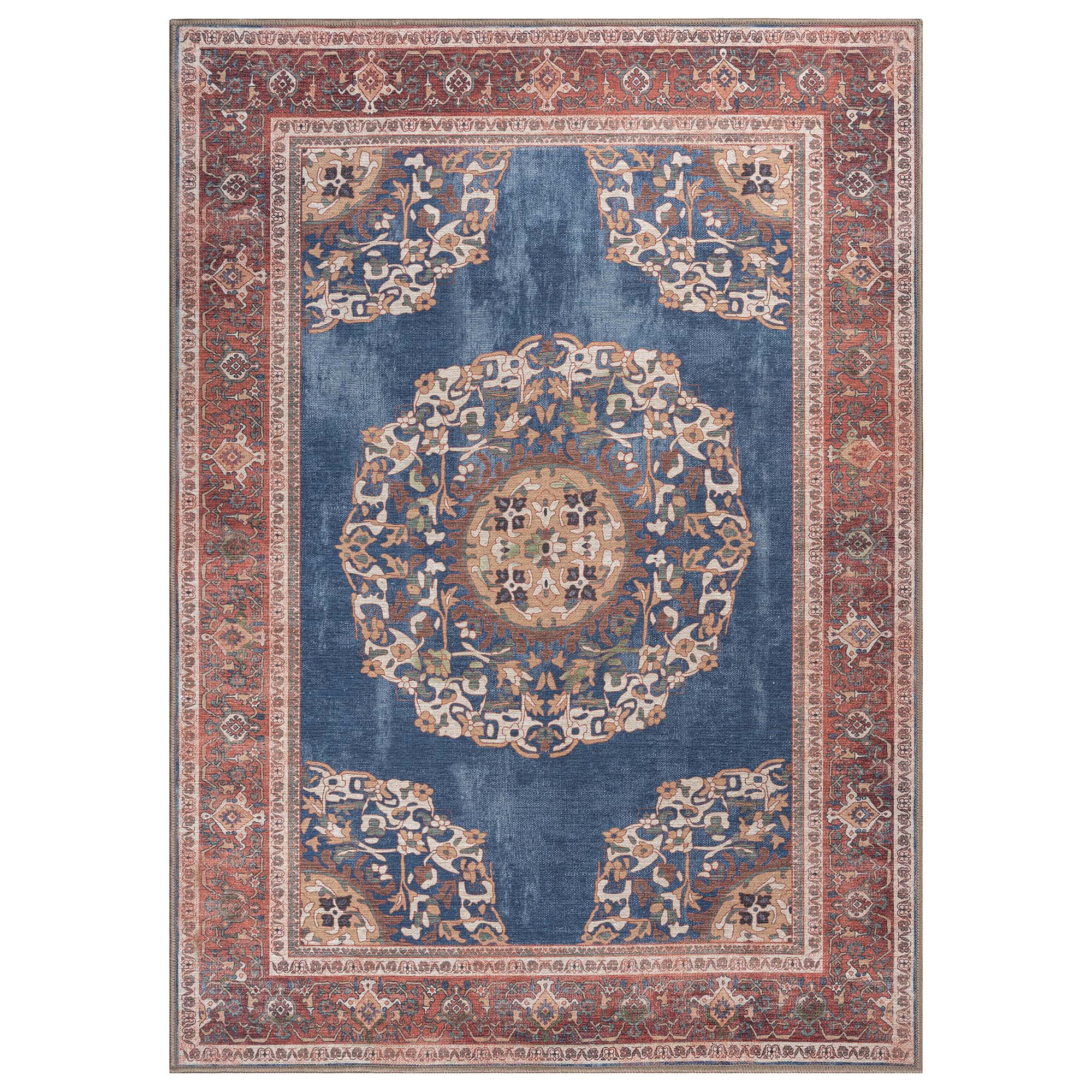 Navy Blue Brick Oushak Area Washable Rug - Gionara