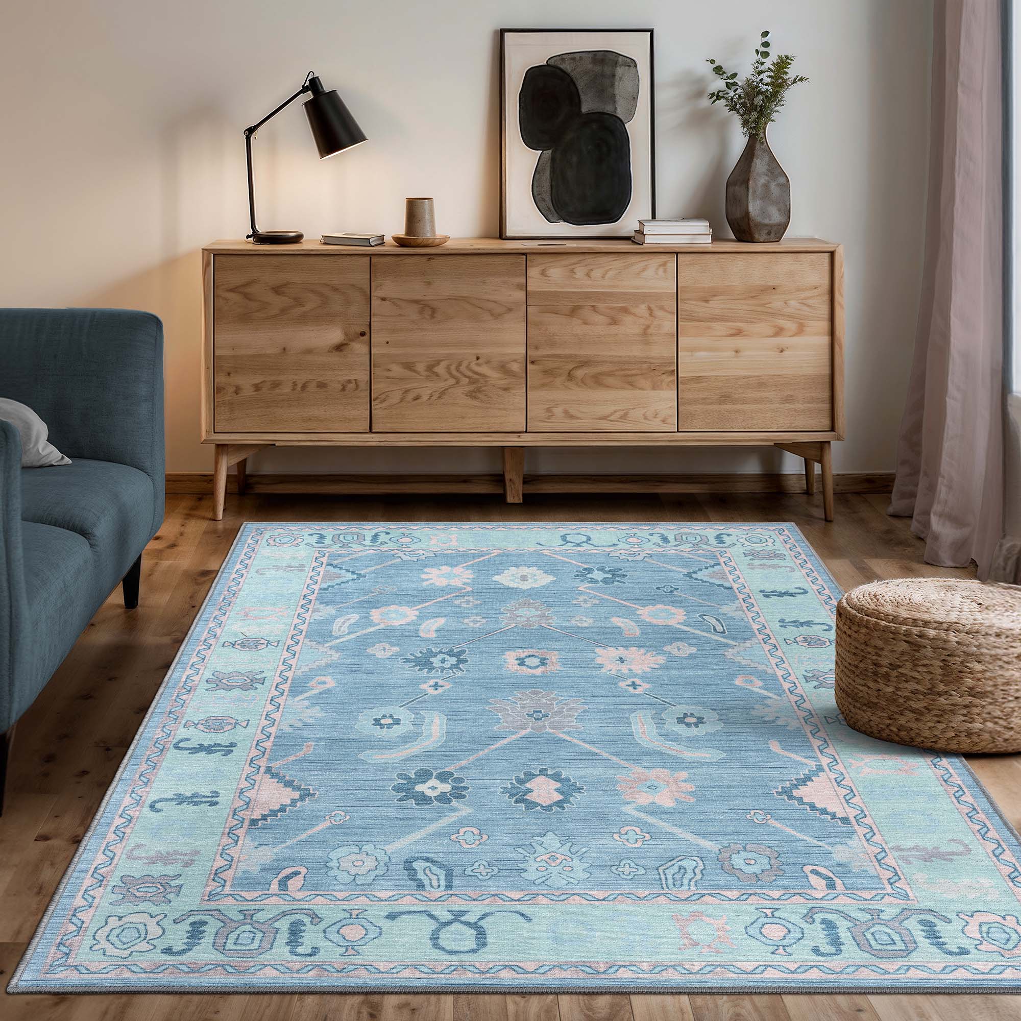 Teal Blue Oushak Area Washable Rug - Gionara