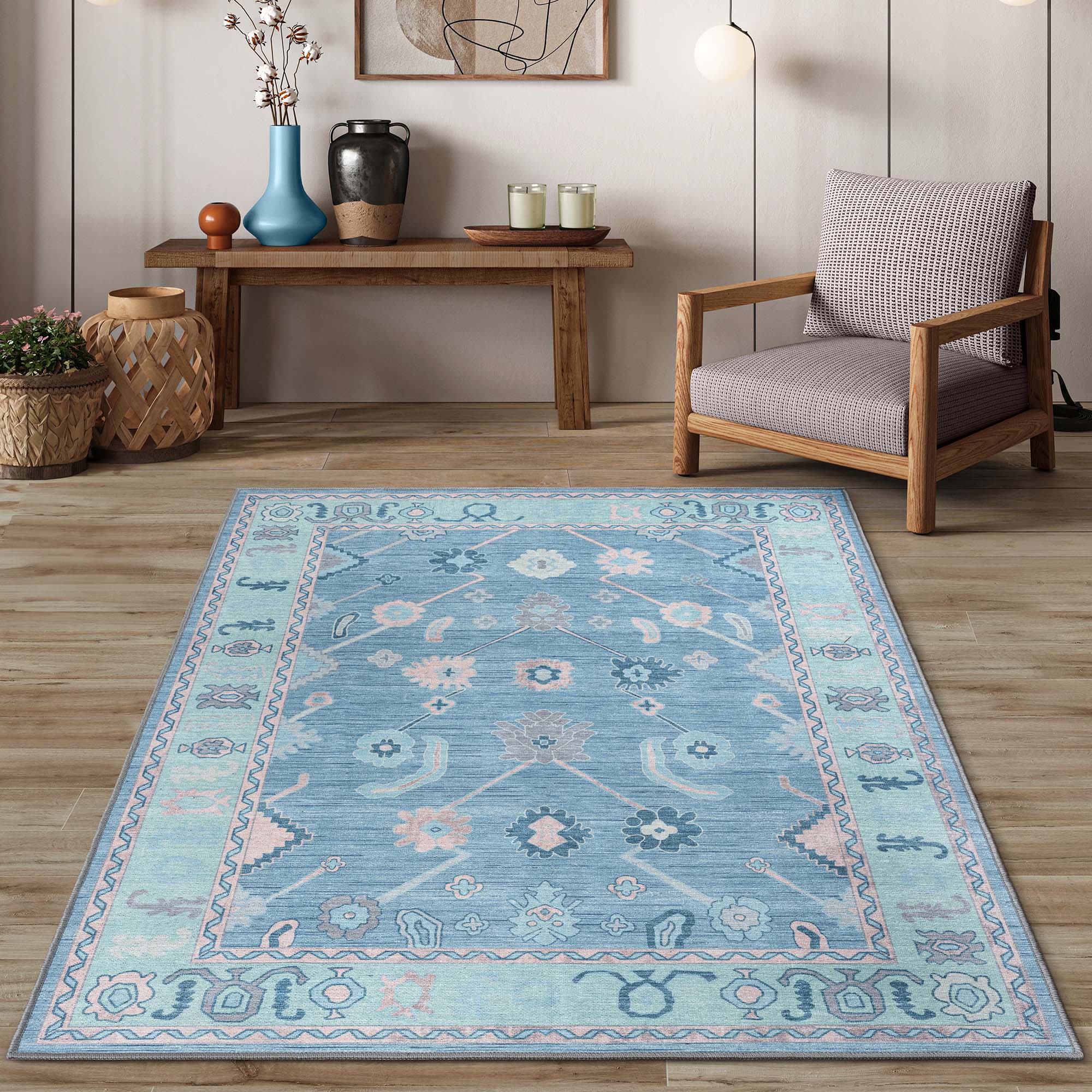 Teal Blue Oushak Area Washable Rug - Gionara