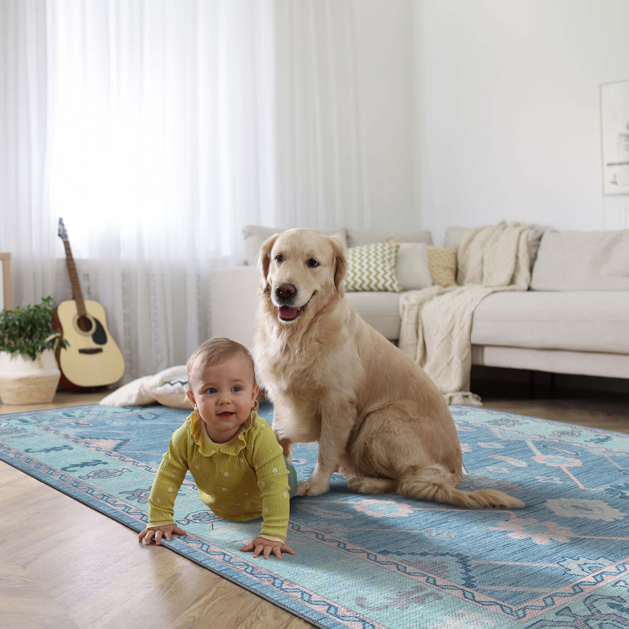 Teal Blue Oushak Area Washable Rug 2 - Gionara