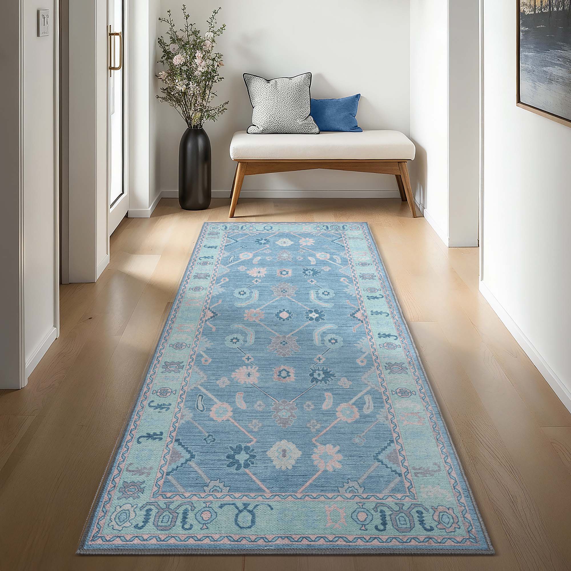 Teal Blue Oushak Area Washable Rug 2 - Gionara