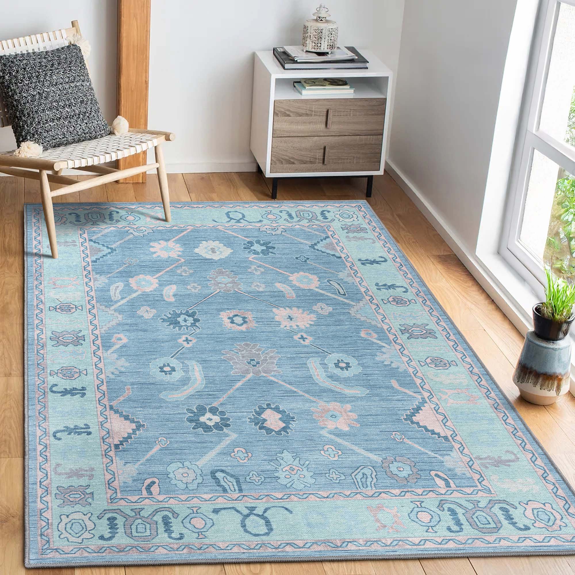 Teal Blue Oushak Area Washable Rug - Gionara